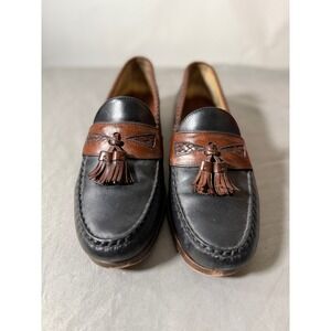 Allen Edmonds Tassel Loafers Black Leather‎ Brown Woven Trim Mens Size 9.5 D